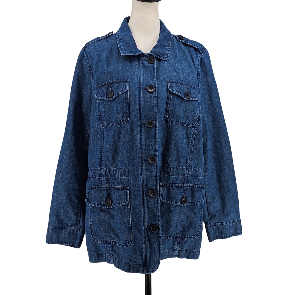 Talbots Cotton Hemp Field Jacket XL Blue Utility Cargo Zip Button Casual Relaxed